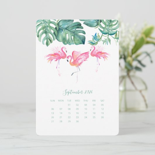 September Calendar Kaart, Roze Flamingo Menu (Staand voorkant)