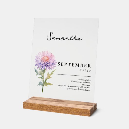 September Geboorte Maand Bloem Aster Gepersonalise Acryl Bord (Hoek)