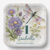 September Geboortebloem Aster & Libel Papieren Bordje (Voorkant)
