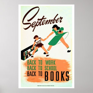september terug naar het werk, school, boeken WPA Poster