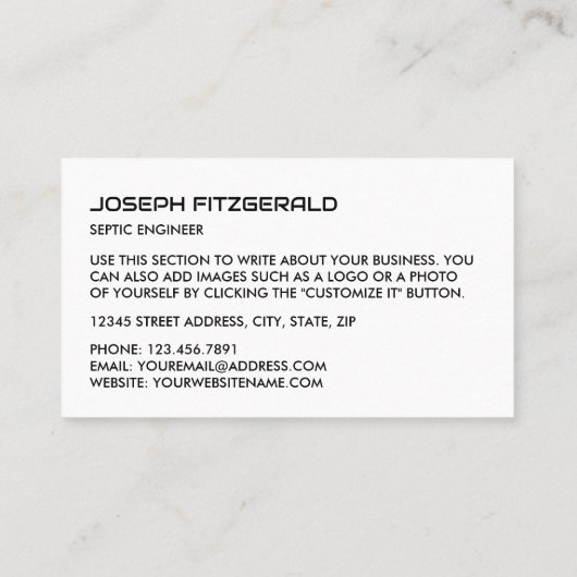 Septic Tank, Septic Company, Septic Engineer Visitekaartje (Achterkant)