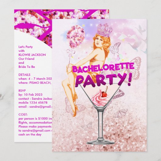Sequence Pink Glitzy Bachelorette Party Kaart (Voorkant / Achterkant)