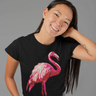 Sequin Gedrukte tropische flamingo Roze Bird Black T-shirt