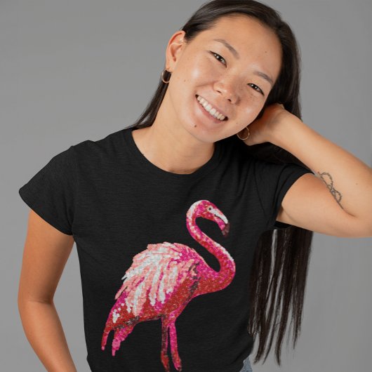 Sequin Gedrukte tropische flamingo Roze Bird Black T-shirt