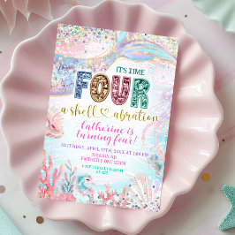 sequin glitter Four Shellebarate Girl birthday inv Kaart