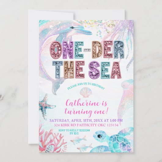 sequin glitter ONEder the sea birthday invitation Kaart (Voorkant)