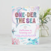 sequin glitter ONEder the sea birthday invitation Kaart (Staand voorkant)