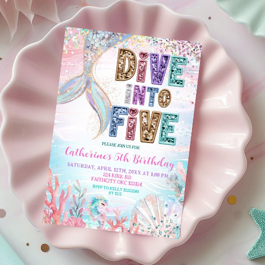 Sequin Glitters Dive into five mermaid bash Birthd Kaart