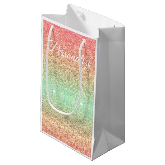 Sequin kant patroon gradiënt perzik goudgroen klein cadeauzakje (Voorkant Gekanteld)