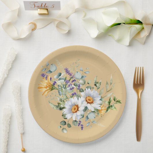 Sequin lichtgele madeliefjes lavendeldouche papieren bordje (Huwelijk)