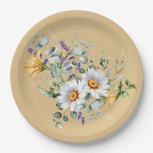 Sequin lichtgele madeliefjes lavendeldouche papieren bordje (Voorkant)