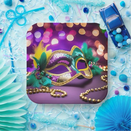 Sequin Mardi Gras masker met gouden kralen Papieren Bordje (Feest)