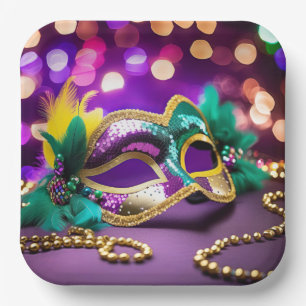 Sequin Mardi Gras masker met gouden kralen Papieren Bordje