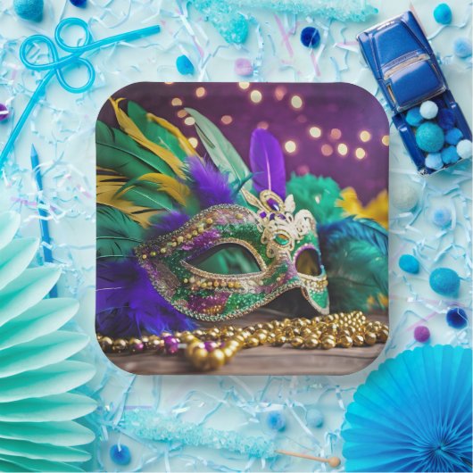 Sequin Mardi Gras masker met kralen Papieren Bordje (Feest)
