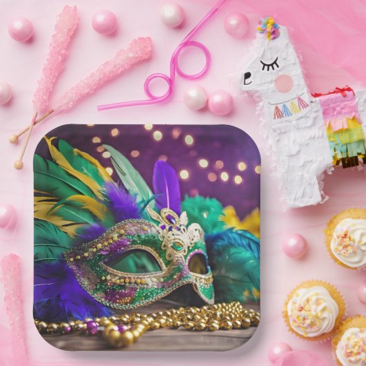 Sequin Mardi Gras masker met kralen Papieren Bordje (Feest)