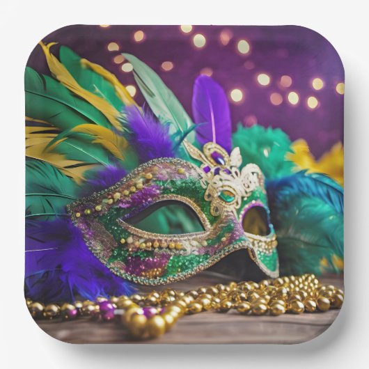 Sequin Mardi Gras masker met kralen Papieren Bordje (Voorkant)