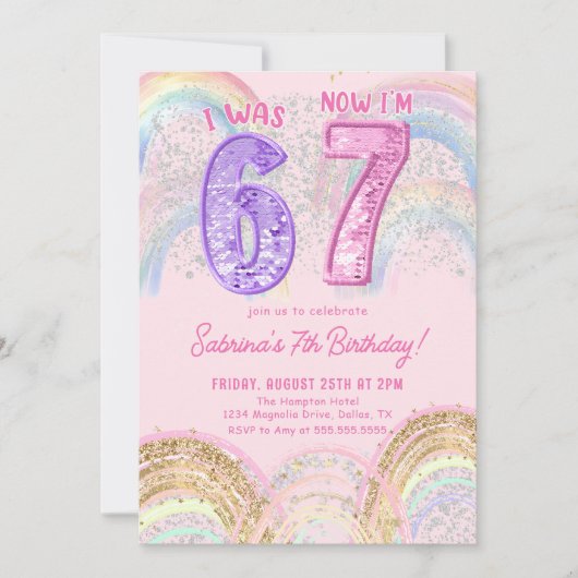 Sequin Rainbow Six Seven 67 Birthday Invitation Kaart (Voorkant)