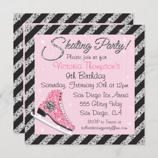 Sequin Skull Ice Skating Party Invitations Kaart (Voorkant / Achterkant)