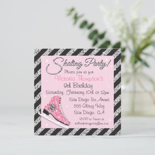 Sequin Skull Ice Skating Party Invitations Kaart (Staand voorkant)