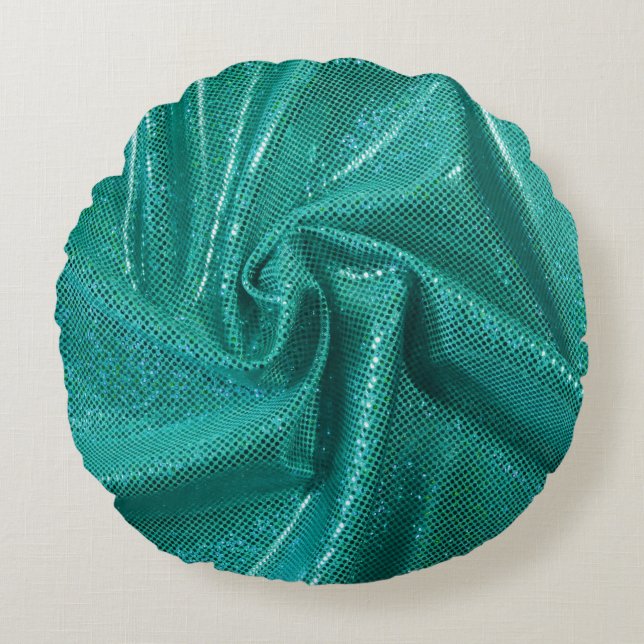 Sequin sparkle glitter blauwgroen rond kussen (Voorkant)