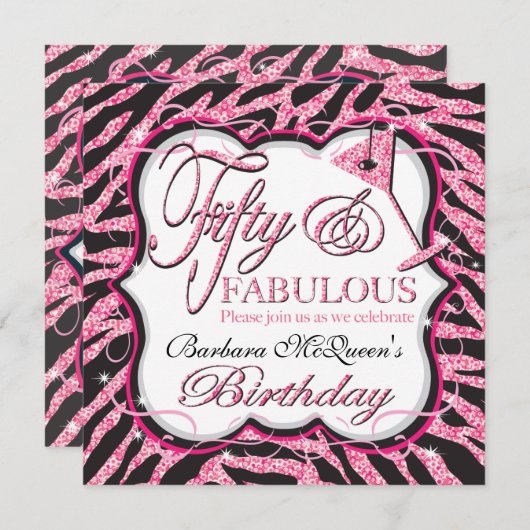 Sequin Zebra 50th Birthday Party Kaart (Voorkant / Achterkant)