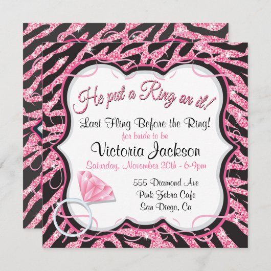 Sequin Zebra Print Bachelorette Party Invitation Kaart (Voorkant / Achterkant)