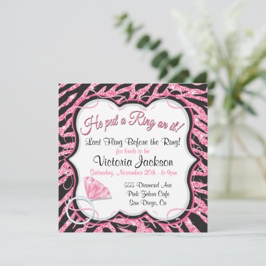 Sequin Zebra Print Bachelorette Party Invitation Kaart (Staand voorkant)