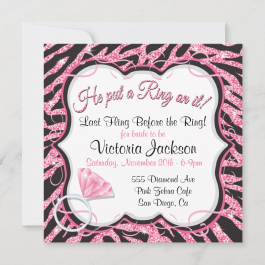 Sequin Zebra Print Bachelorette Party Invitation Kaart (Voorkant)