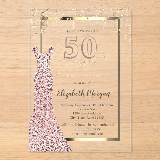 Sequins Dress Roos Gold 50th Birthday Acryl Uitnodigingen (Voorkant)