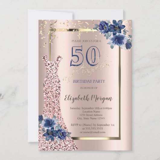 Sequins Dress Roos Gold, Blue Flowers 50th Kaart (Voorkant)