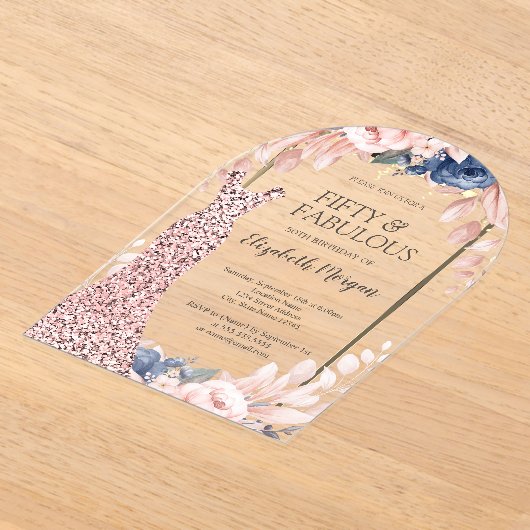 Sequins Dress Roos Gold Floral 50th Birthday Acryl Uitnodigingen (Laagn)