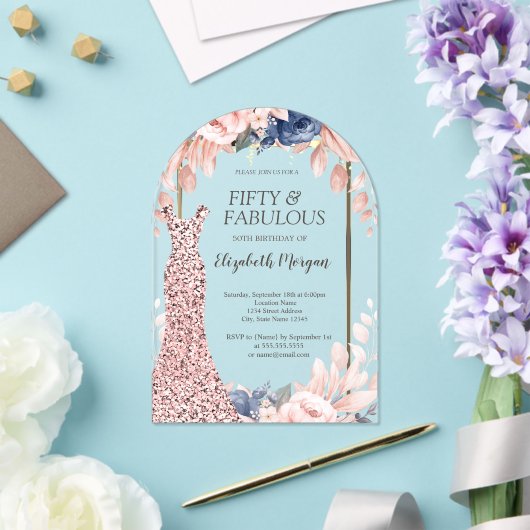 Sequins Dress Roos Gold Floral 50th Birthday Acryl Uitnodigingen (Insitu (Huwelijk))