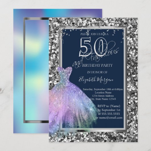 Sequins Glitter Dress Holographic 50th Birthday Kaart (Voorkant / Achterkant)