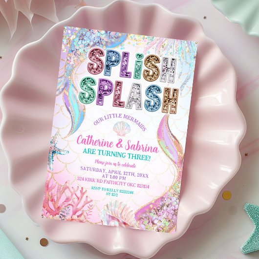 Sequins Glitters Mermaids Sibling Twins Birthday Kaart