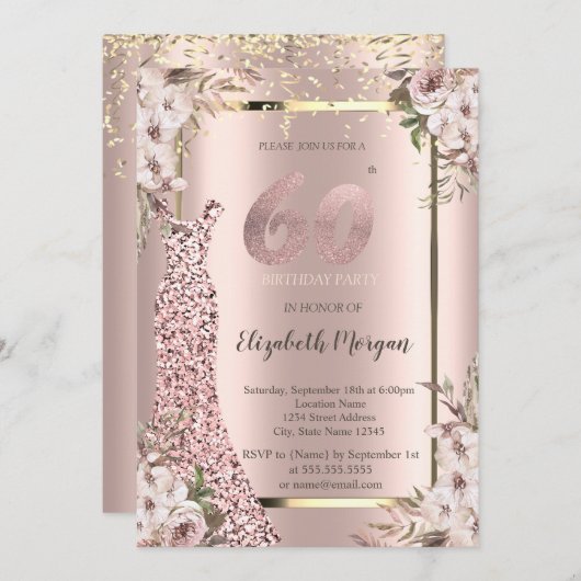 Sequins Jurk Blush Bloemen 60e Verjaardag Kaart (Voorkant / Achterkant)