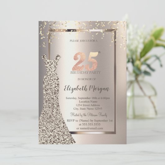 Sequins Jurk Confetti Ivoor 25e Verjaardag Kaart (Staand voorkant)