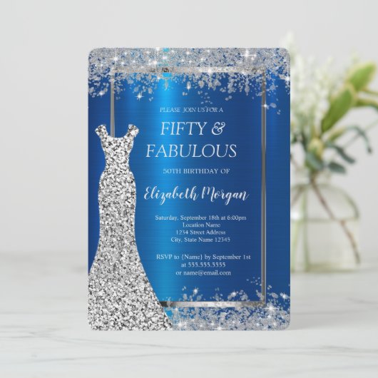 Sequins Jurk Glitter Confetti Blauw Metallic 50th Kaart (Staand voorkant)