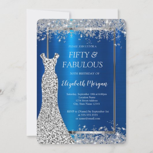 Sequins Jurk Glitter Confetti Blauw Metallic 50th Kaart (Voorkant)