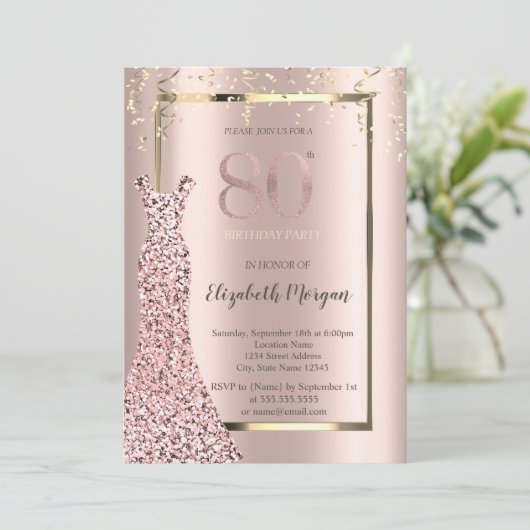 Sequins Jurk Roos Goud 80e Verjaardag Kaart (Staand voorkant)