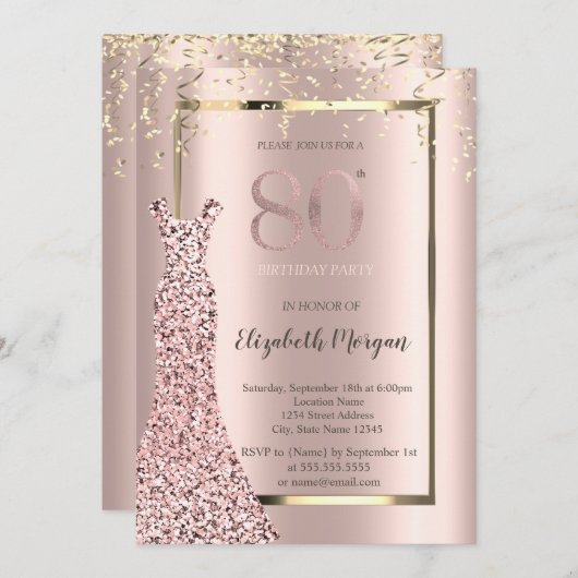 Sequins Jurk Roos Goud 80e Verjaardag Kaart (Voorkant / Achterkant)