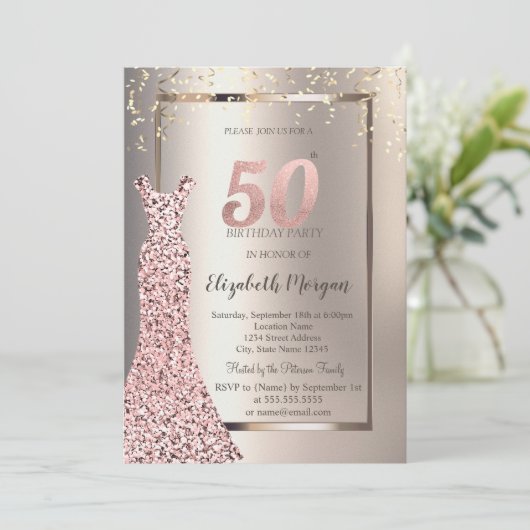 Sequins Roos Gouden Jurk Ivoor 50ste Verjaardag Kaart (Staand voorkant)