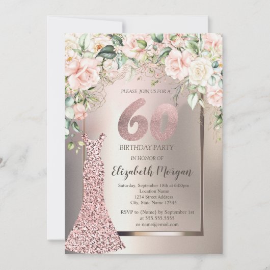 Sequins Roos Gouden Jurk Rozen Ivoor 60e Verjaarda Kaart (Voorkant)