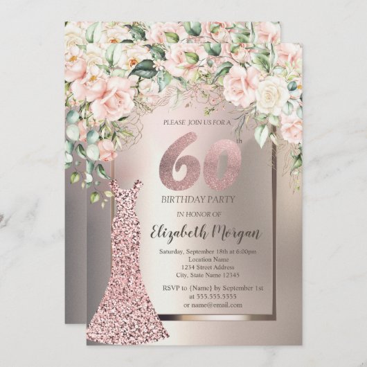 Sequins Roos Gouden Jurk Rozen Ivoor 60e Verjaarda Kaart (Voorkant / Achterkant)