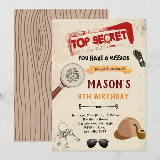 Serect agent spionage verjaardaguitnodiging kaart (Voorkant / Achterkant)