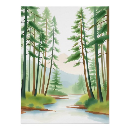 Sereen boslandschap in Waterverf Perfect Poster (Voorkant)