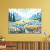 Sereen landschap: Bloeiende bloemen en bergen Canvas Afdruk (Insitu (Woonkamer))