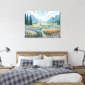 Sereen landschap: Bloeiende bloemen en bergen Canvas Afdruk (Insitu (Slaapkamer))