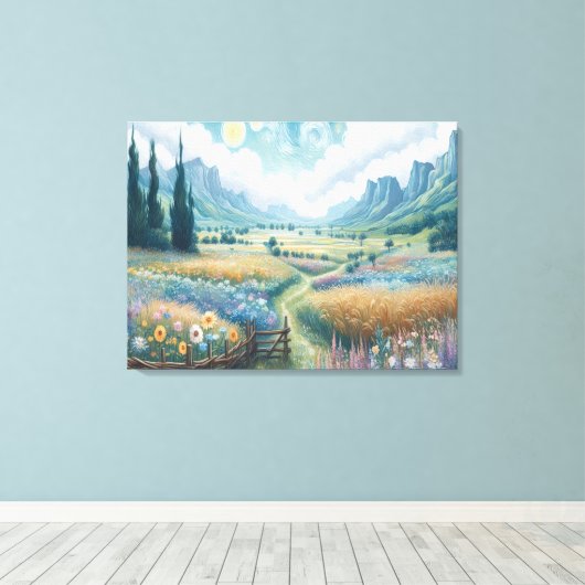 Sereen landschap: Bloeiende bloemen en bergen Canvas Afdruk (Insitu (Houten vloer))