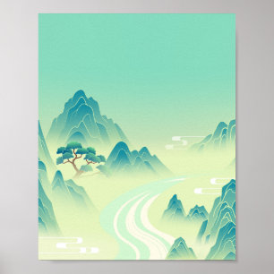 Sereen Oosters landschap - Minimalistische Bergkun Poster
