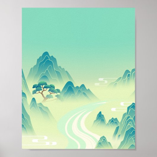 Sereen Oosters landschap - Minimalistische Bergkun Poster (Voorkant)